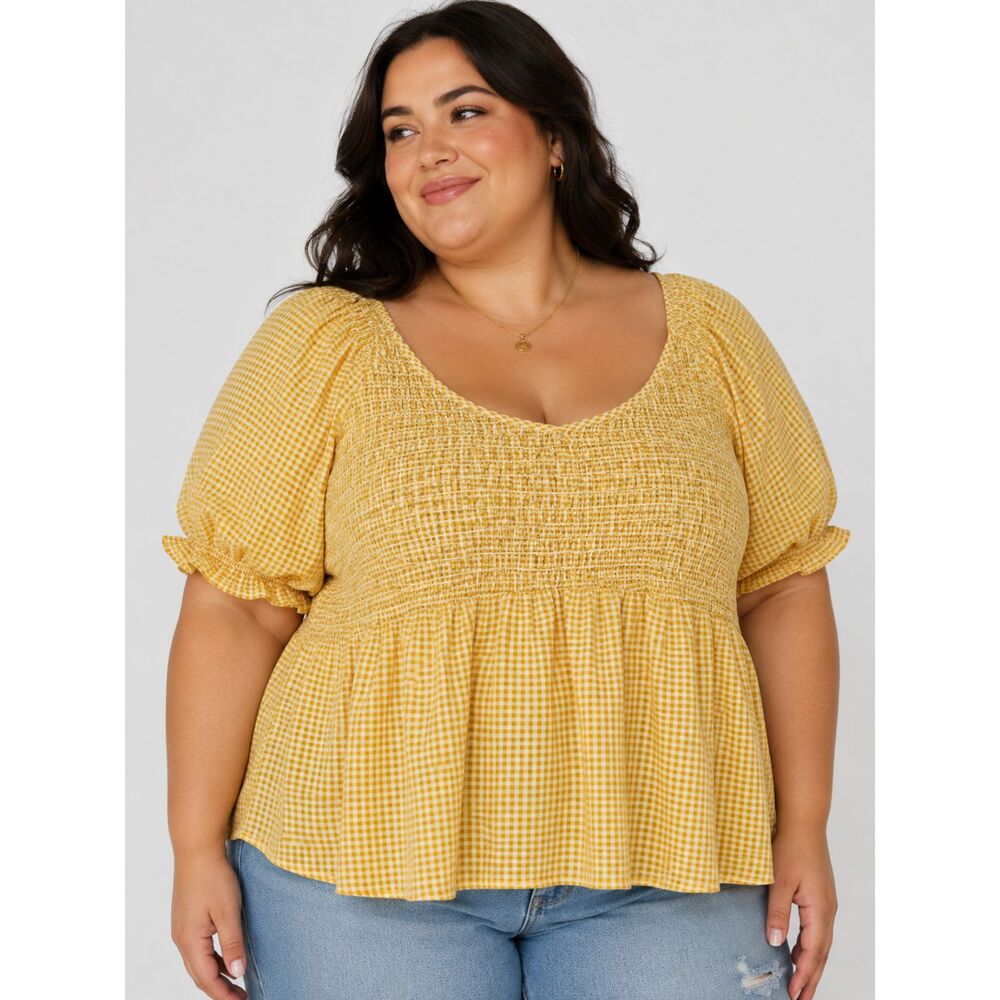 NWT Liberty Love Butter Yellow Gingham Babydoll Top 3X Cottagecore Boho Peasant